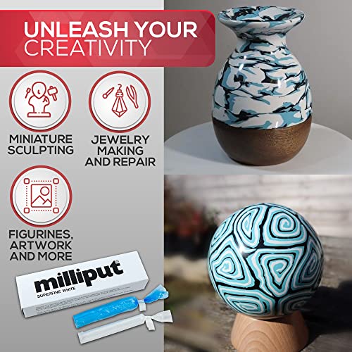 Milliput Superfine White Epoxy Putty 2 Pack - Porcelain Repair Kit | Fixes sinks, tubs, tiles and ceramic. 2 x 4 oz packs, 8 oz total, with 2 pairs of gloves. Waterproof, Paintable, Sandable.