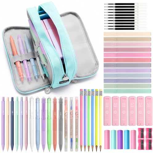 MoKo Pencil Case with Supplies, 59Pcs Aesthetic School Set, Blue | Includes gel pens, wooden and mechanical pencils, 0.5 and 0.7 mm refills, highlighters, erasers and sharpeners. - color: Blue-59P