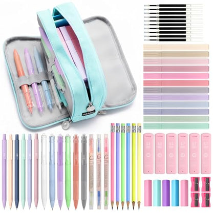 MoKo Pencil Case with Supplies, 59Pcs Aesthetic School Set, Blue | Includes gel pens, wooden and mechanical pencils, 0.5 and 0.7 mm refills, highlighters, erasers and sharpeners. - color: Blue-59P