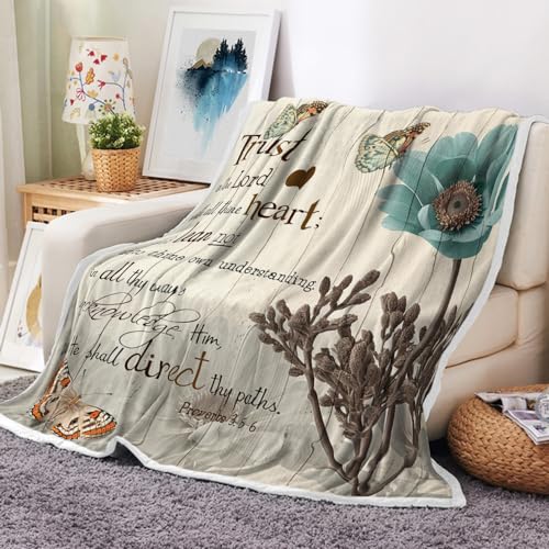 Rustic Elegant Teal Tulip Throw Blankets, Bible Verse Inspirational Motivational Quote Cozy Warm Bed Couch Blanket Vintage Farmhouse Floral White Fleece Flannel Throws to Decorate Room and Bedroom - color: Rustic, size: 50X60