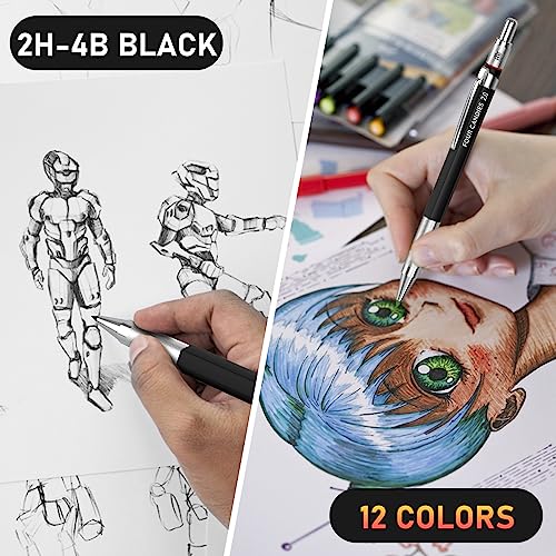 Four Candies 2MM Mechanical Pencil Set with Case, Metal, 60 Lead Refills | HB 2H 2B 4B Color graphite, with eraser, sharpener, leather case, for school writing, sketching, art drawing & drafting - size: 9 Piece Set