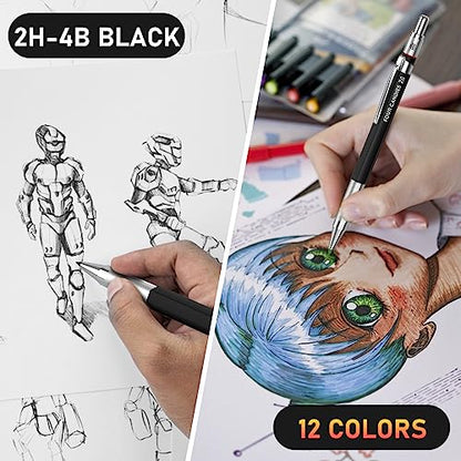 Four Candies 3PCS 2MM Mechanical Pencils with case, Artist Led Pencil Metal Lead Holder with 120 Graphite Lead Refills(HB 2H 2B 4B Color), 4 Erasers, Sharpener, Drafting Pencil for Drawing, Sketching - size: 17 Piece Set