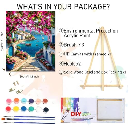 MIRCVSH Scenery Paint by Numbers Kit for Adults,Framed Landscape Paint by Number Kits on Canvas with Brushes,Flowers and Sea Oil Painting Kits with Wooden Easel for Home Wall Decor 12X16 Inch. - color: DKH194