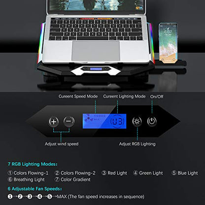 TopMate C11 Laptop Cooling Pad RGB Gaming Notebook Cooler, Laptop Fan Stand | Adjustable Height with 6 Quiet Fans and Phone Holder, Computer Chill Mat, for 15.6-17.3 Inch Laptops - Blue LED Light