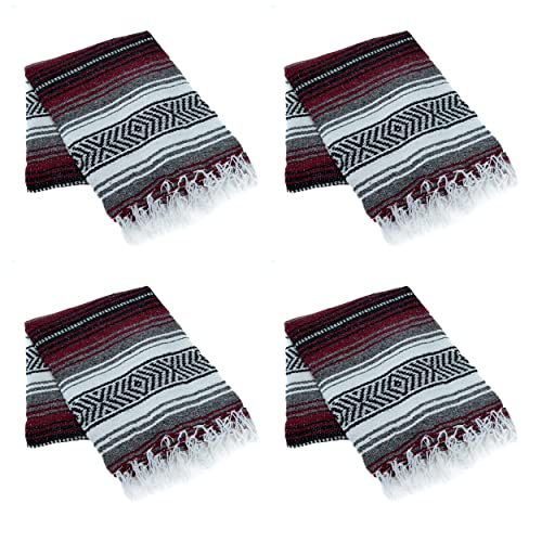 La Montana Bulk Falsa Mexican Blanket, 4 Pack, Burgundy/Charcoal/White | Authentic 74"x50" Lightweight Yoga Blanket Made in Mexico - Decorative Throw for Picnic, Camping, Beach, Bed, Home Decor - color: Burgundy/Charcoal/White