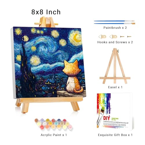 Framed Paint by Numbers Kit for Adults Beginner & Kids Ages 8-12 Starry Night Adult Paint by Number Kits on Canvas with Easel Cat Painting by Numbers for Adults with Frame DIY Painting Kits 8x8 Inch - color: NZB25c, size: 8x8 Inch