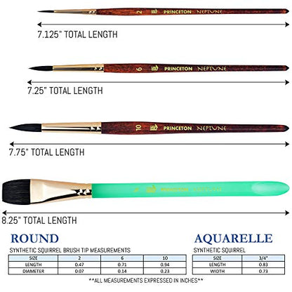 Princeton Neptune 4750 Series Watercolor Brush Set – Watercolor Brushes Professional Soft Synthetic Squirrel Hair – Artist Water Paint Brush Set – 1pc Aquarelle 3/4" & 3 Round Brushes (Sizes 2, 6, 10)
