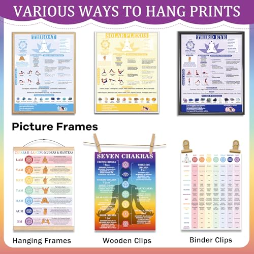 11pcs Chakras Posters (14.2 x 11.0 in) Yoga Poses Posters Set, Healing Meditation Yoga Pose with Crystals & Affirmations Quick Reference Guide, Spiritual wall art Gifts for Yogas Reiki Room Home Decor