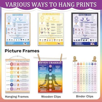 11pcs Chakras Posters (14.2 x 11.0 in) Yoga Poses Posters Set, Healing Meditation Yoga Pose with Crystals & Affirmations Quick Reference Guide, Spiritual wall art Gifts for Yogas Reiki Room Home Decor