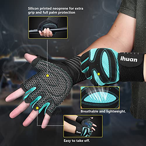 ihuan Ventilated Weight Lifting Gym Workout Gloves with Wrist Wrap Support for Men & Women, Full Palm Protection, for Weightlifting, Training, Fitness, Hanging, Pull ups - color: Green, size: X-Small