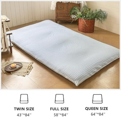 Light Blue Gingham Japanese Floor Mattress Futon Cover, Queen - color: Light Blue Gingham, size: Queen