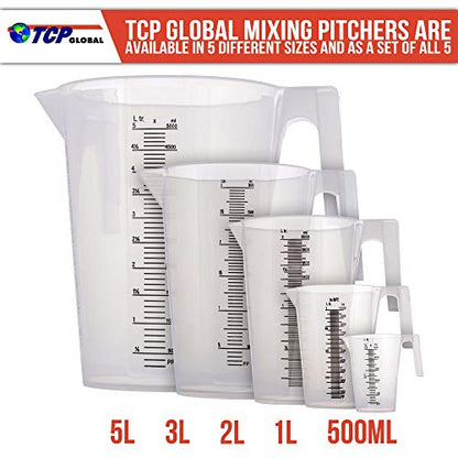 TCP Global 1/2 Liter (500ml) Plastic Graduated Measuring and Mixing Pitcher (Pack of 6) - Holds Over 1 Pint (16oz) - Pouring Cups, Measure & Mix Paint, Resin, Epoxy, Kitchen Cooking Baking Ingredients - size: 500ml