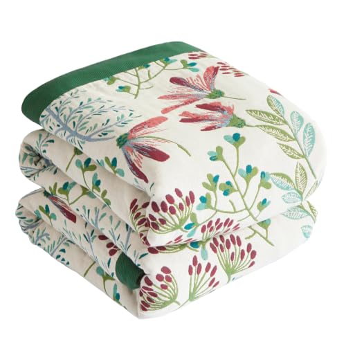 Boho Throw Blanket for Bed 80”x90”, 100% Cotton Blanket for Couch Sofa | Ultra Soft 4-Layer Muslin Woven Quilt with Floral Printed, Farmhouse Bed Blanket/Cover for Living Room Decor - color: P - Boho Floral, size: 80“ x 90”