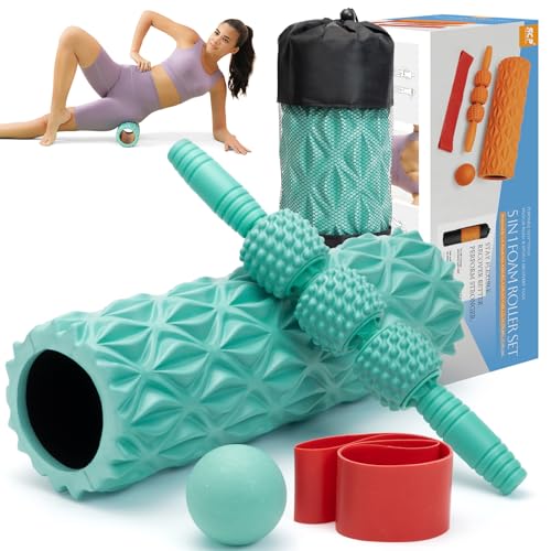 5 in1 Foam Roller Set High Density 15" Foam Roller for Muscle Recovery | Deep Tissue Muscle Massage Foam Roller for Exercise, Massage Roller, Massage Ball, Stretching Strap, for Whole Body Aqua - color: Pure Turquoise