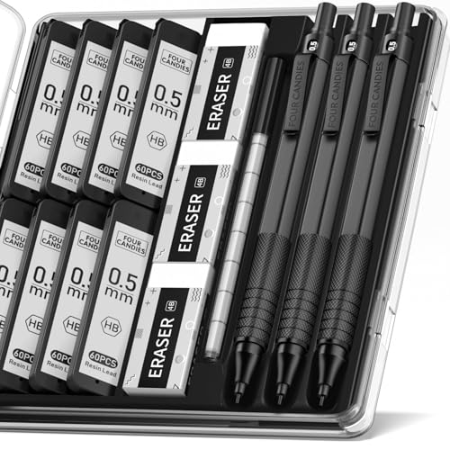 Four Candies Metal Mechanical Pencil Set with Case, 0.5mm, 3PCS, Black | 480PCS HB Lead Refills, 3 Erasers+9 Eraser Refills, Anti Grip, for Drafting, Engineering, Technical Drawing, Art Projects - color: Black, style: 0.5 MM