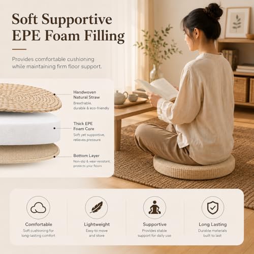 Round Tatami Floor Pillow, Handwoven Straw Cushion, Dia: 15.7" | Natural, Eco-friendly, Lightweight, Anti-Slip, Breathable, for Apartment Living Room Meditation Patio Outdoor Window Seat - size: 15.7''