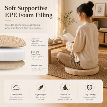 Round Tatami Floor Pillow, Handwoven Straw Cushion, Dia: 15.7" | Natural, Eco-friendly, Lightweight, Anti-Slip, Breathable, for Apartment Living Room Meditation Patio Outdoor Window Seat - size: 15.7''