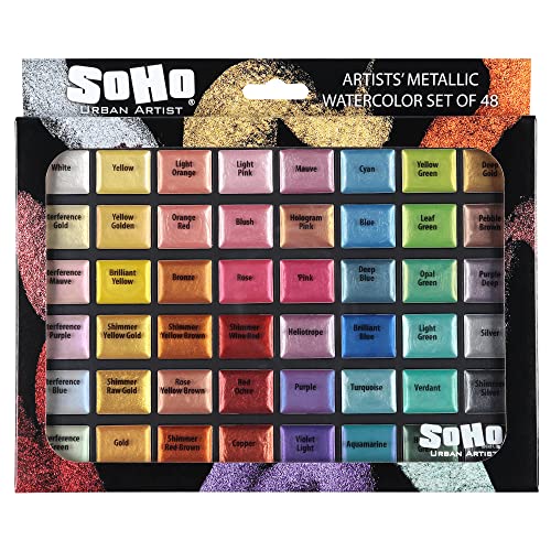 Soho Urban Artist Metallic Watercolors Set w/48 Colors | 48 Vibrant Metallic Half Pans in Travel Case – Professional Shimmer Watercolor Paint Set for Artists, Crafters & Mixed Media - size: 48 Count (Pack of 1)