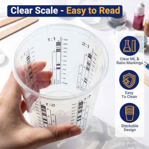 30 Pack 19oz 570ml Clear Plastic Paint Mixing Cups with 30 Stir Sticks - Disposable Graduated Measuring Cups for Paint, Resin & Epoxy with ML Scale & 3-Column Ratios (1:1-7:1) for DIY Crafts - size: 19oz / 570ml