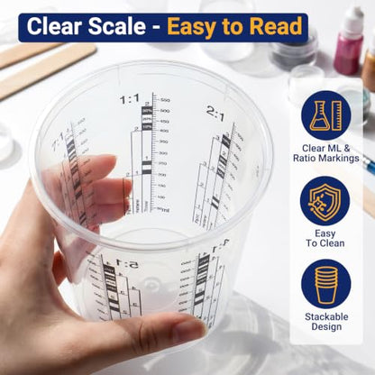 30 Pack 19oz 570ml Clear Plastic Paint Mixing Cups with 30 Stir Sticks - Disposable Graduated Measuring Cups for Paint, Resin & Epoxy with ML Scale & 3-Column Ratios (1:1-7:1) for DIY Crafts - size: 19oz / 570ml