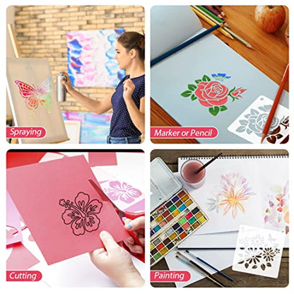 50 PCS Flower Painting Stencils Reusable Flower Stencils for Painting on Wood Rocks Canvas Fabric Glass Pottery 4x4 Inch - color: Flower Plant