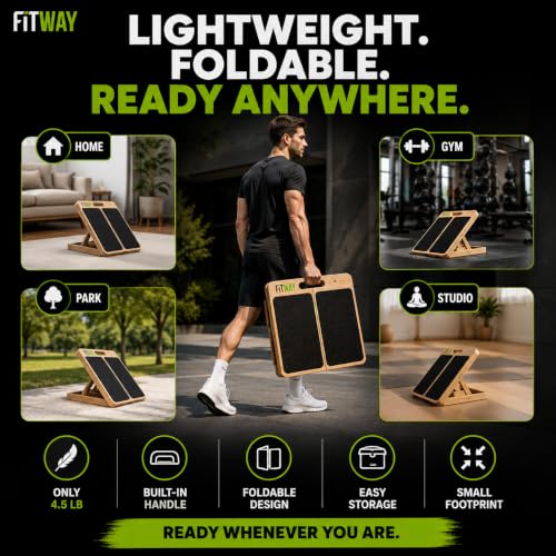 Adjustable Wooden Slant Board, 5-Level Calf Stretcher for Mobility & Rehab | Non-slip velour surface, 5-level incline, 5 resistance bands. Foldable, portable for home gym, physical therapy & rehab use.