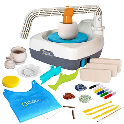 National Geographic Deluxe Pottery Wheel Complete Starter Kit for Kids | Plug-In Motor, 3 Lbs. Air-Dry Clay, Patented Arm Tool, Sculpting Tools, Gemstone Chips, Paints, Creative Birthday Gift - style: Deluxe Starter Bundle