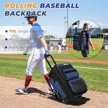 Rolling Baseball Bag with Wheels, 70L Baseball Backpack - color: Blue