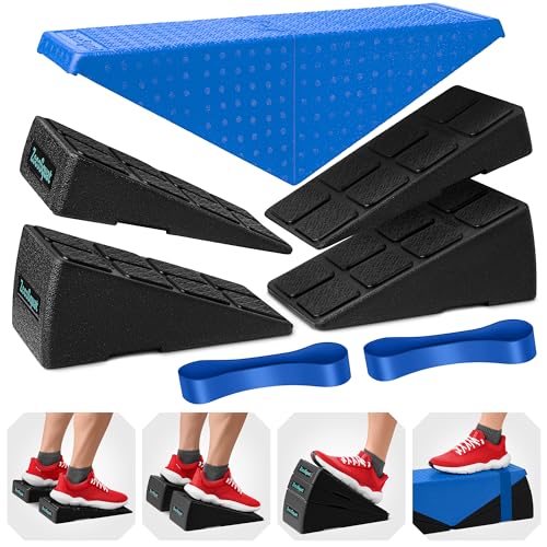 Squat Wedge Block Set of 3/5 - 960 LBS Capacity - Slant Board for Calf Stretching with 5 Stackable Angles - Calf Stretcher Slant Board - Workout Equipment - EPP Material for Exercise Equipment & Physical Therapy - color: Blue&Blue