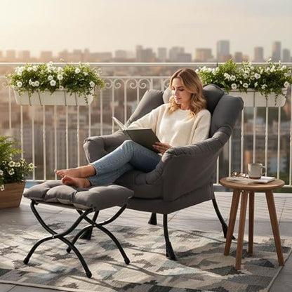Tiita Lazy Chair with Ottoman, Comfy Reading Accent Chair, Dark Grey | Foldable Footrest, Padded Seat and Backrest, Side Pocket for Lounging in Living Rooms, Bedrooms, Dorms and Small Spaces - color: Dark Grey