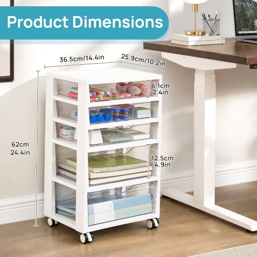 Vtopmart 5-Tier Plastic Drawer Storage Rolling Cart with Wheels | Clear Drawers with Multiple Sizes Keep Supplies visible. Sturdy for Under Desk, Office, Makeup , Crafts & Art Storage - style: 5 Tier 5 Drawers