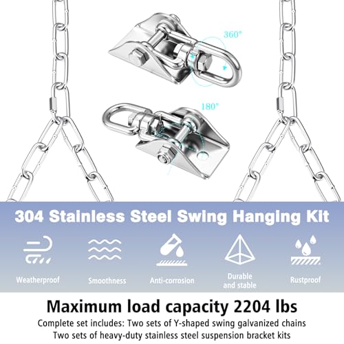 Heavy Duty Porch Swing Hanging Kit with Y-Chain & 360° Swivel Hangers 1500Lbs Capacity, Rustproof Zinc-Plated Chains 304 Stainless Steel Mount Hooks, Indoor/Outdoor Hammock Hardware(Silver) - color: Silver