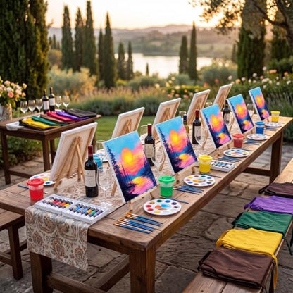 Cholemy 8 Set Paint and Sip Kit for Adults 8'' x 10'' Pre Drawn Canvas with Wooden Easels Acrylic Paint Brushes Wash Cup Palette Apron for Painting DIY Date Night Party Supplies (Sunset Lake) - style: Sunset Lake