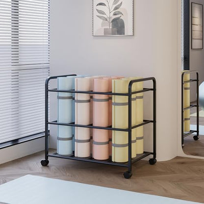 Lutown-Teen Yoga Mat Storage Rack with Wheels and Rounded Corners, Black | Large-Capacity Home Gym Storage Yoga Mat Rack for Fitness Class, Home, Gym, Workout Room, Easy Assembly
