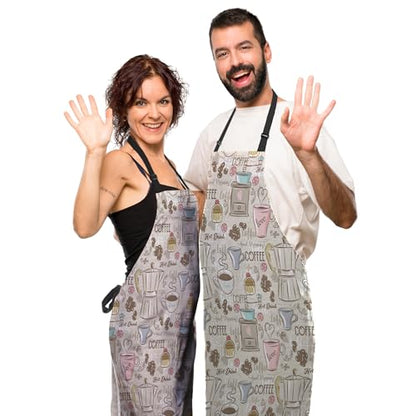 Retro Apron for Women Coffee Set Patterns Mans Aprons for Grilling for Kitchen Cooking Restaurant BBQ Painting Crafting Gardening 27” (W) x 31” (H), Waterproof Aprons - color: Coffee Set Patterns