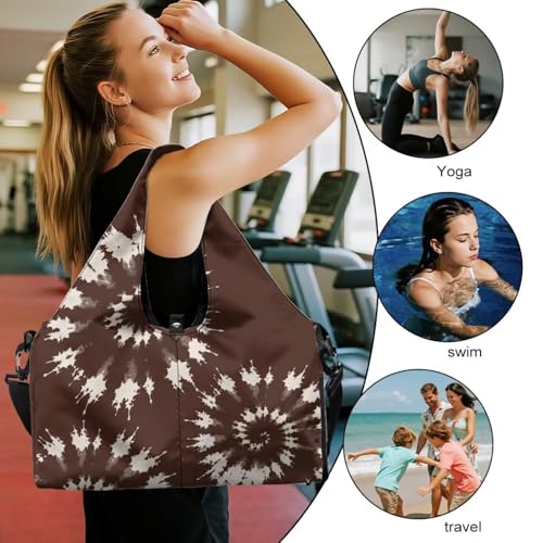 Yoga Gym Bag with Removable Adjustable Shoulder Strap, Shoe Compartment & Top Yoga Mat Holder 17.72x8.66x9.84in - color: Brown Tie-Dye Creative Print