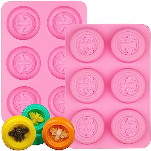 Sakolla 2 Pack Silicone Soap Molds, 6 Cavity Round Honeybee Silicone Molds for Homemade Soaps, Lotion Bar, Jello, Bath Bomb, Beeswax, Resin, Chocolate and Dessert (Pink) - color: Round Bee/Pink