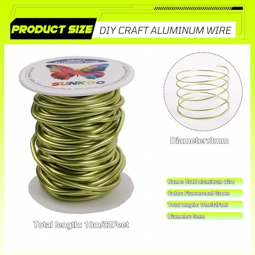 Aluminum Craft Wire,8 Gauge (3mm) Fluorescent Green Bendable Wire,32 Feet Continuous Roll for Jewelry Making,Sculpting,Floral & Armature Projects - size: 8 Gauge 32FT, style: Fluorescent Green