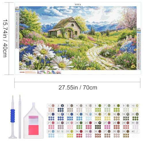 YOYA Large Diamond Art Kits for Adults, Landscape, 27.5 x 15.7 Inch | 5D Large Diamond Painting Kits, Round Full Drill Diamond Art Flowers House, Diamond Painting Gem Art and Crafts, Home Decor - color: Flowers House 031