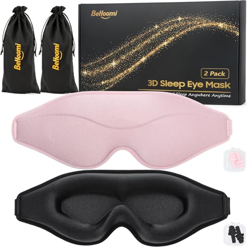 BeHoomi Sleep Mask, 2 Packs Premium Eye Mask for Sleeping, Total Blackout, Superior Soft Comfort, Upgraded 3D Ergonomic Designed Sleeping Mask for Home, Office, Travel, Meditation, Yoga, Black & Pink - color: Black & Pink