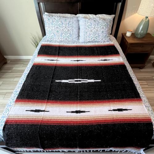 Open Road Goods Mexican Diamond Blanket - XL Heavyweight Yoga Blanket – Handmade in Mexico - Thick Boho Serape Saltillo Style Throw for Beach, Picnic, Home, Camping and More! (Black Retro) - color: Black Retro