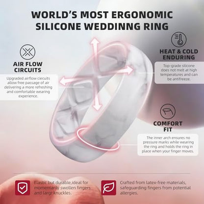 Egnaro Women's Bridal Rings Sets, 6mm Wide, 2mm Thick, Silicone Wedding Rubber Band with Half Size, Inner Arc Ergonomic Breathable Design - color: SETO-Black,Marble,Rose Gold,Pearl, size: 7.5-8
