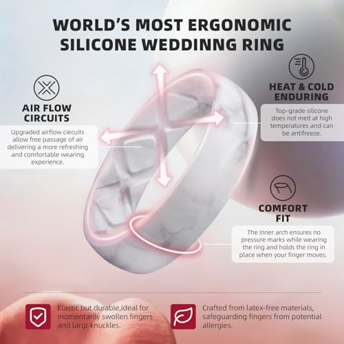 Egnaro Women's Bridal Rings Sets, 6mm Wide, 2mm Thick, Silicone Wedding Rubber Band with Half Size, Inner Arc Ergonomic Breathable Design - color: SETO-Black,Marble,Rose Gold,Pearl, size: 3.5-4