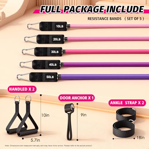 WHATAFIT Resistance Bands with Handles, 5-Level Exercise Bands for Workout - color: Pink Purple-Ankle
