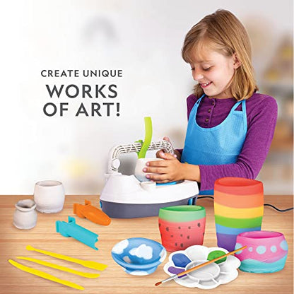 National Geographic Deluxe Pottery Wheel Complete Starter Kit for Kids | Plug-In Motor, 3 Lbs. Air-Dry Clay, Patented Arm Tool, Sculpting Tools, Gemstone Chips, Paints, Creative Birthday Gift - style: Deluxe Starter Bundle