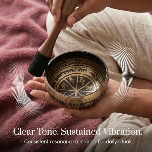 Silent Mind Tibetan Singing Bowl Set – Easy to Play & Beginner Friendly Meditation Bowl with Cushion, Mallet & Case | Stress Relief & Mindfulness | Gift-Ready - color: Antique Light Brown, size: With Case