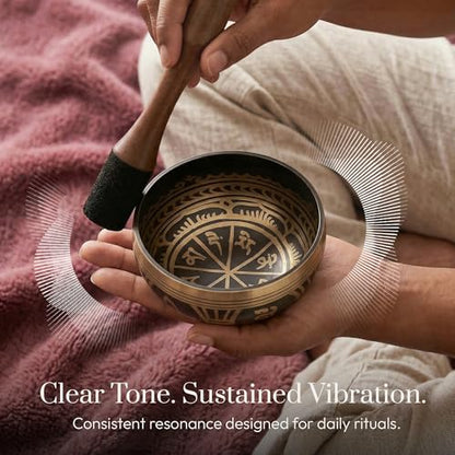 Silent Mind Tibetan Singing Bowl Set – Easy to Play & Beginner Friendly Meditation Bowl with Cushion, Mallet & Case | Stress Relief & Mindfulness | Gift-Ready - color: Antique Light Brown, size: With Case