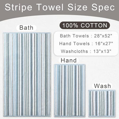 VOOVA & MOVAS Cotton Bath Towels 4 Pack, 100% Cotton, 28x52 in, Blue - color: Gray + Blue Striped, size: 4 PC Bath Towels (28"x52")