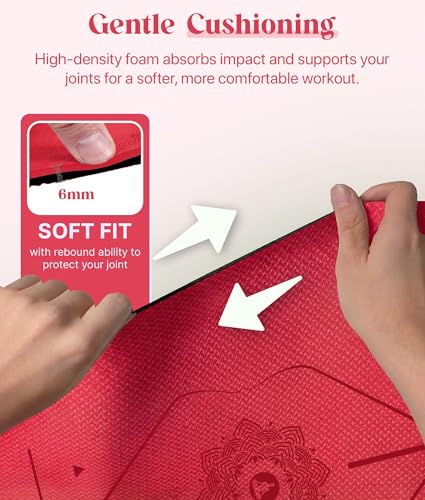ROMIX Pro Yoga Mat With Alignment Lines, 6Mm Thick Non-Slip Exercise Mat | 72 x 24 In TPE Large Pilates Mat For Home Workout, Stretching, Training, Meditation, Carry Bag Included For Women And Men - color: Red