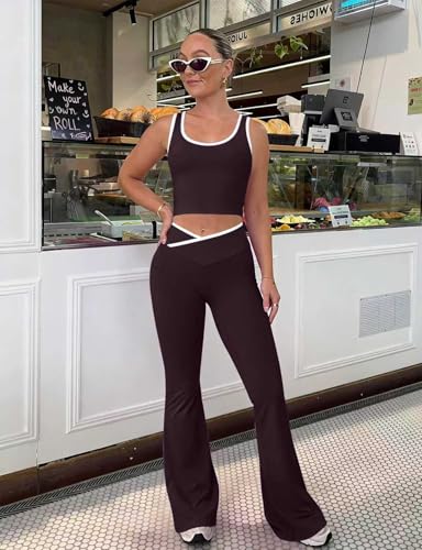 Womens Workout Sets 2 Piece Flare Leggings Contrast Top - color: Eggplant Purple, size: X-Small
